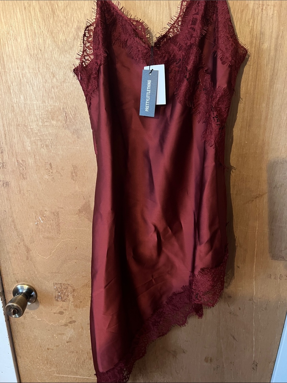 PrettyLittleThing Wine Lace-Trim Satin Slip Dress